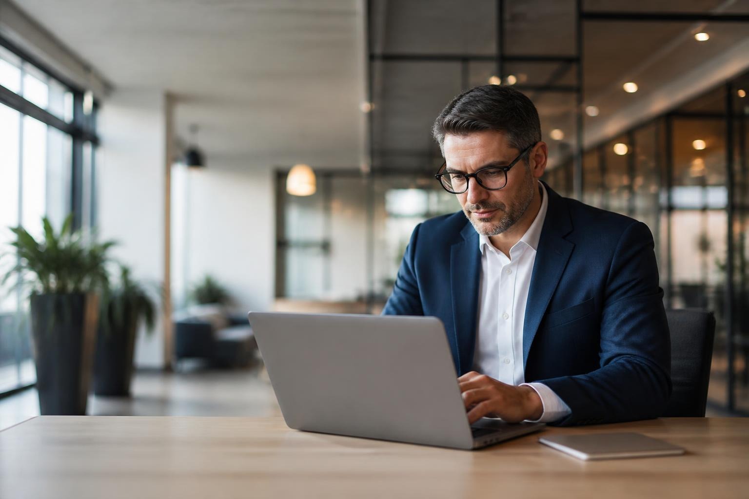 Business professional reviewing work on a laptop in a modern office