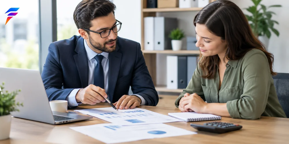 Accountant advising a small business owner on financial reports and business planning.